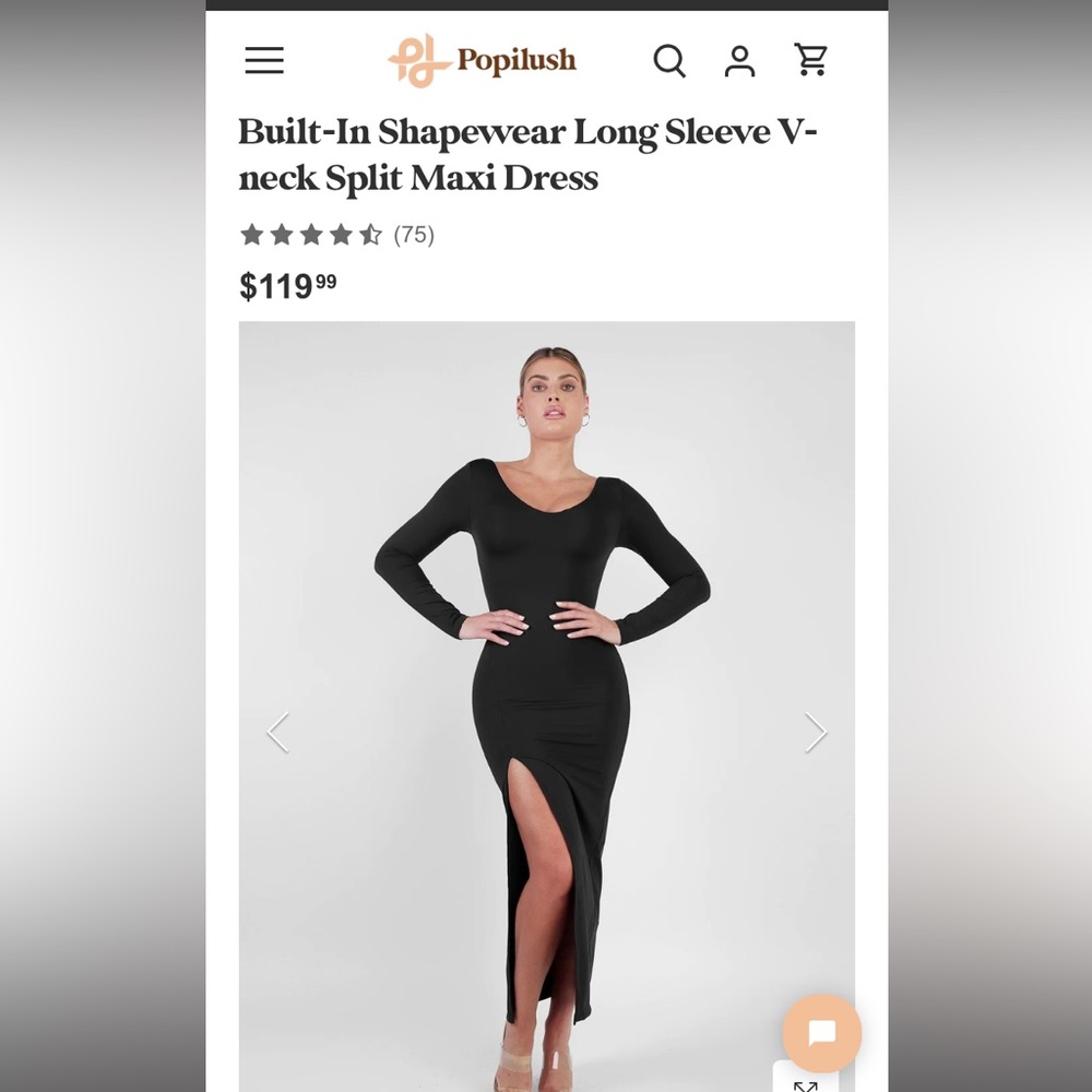 Built-In Shapewear Long Sleeve V-neck Split Maxi Dress in black Size M